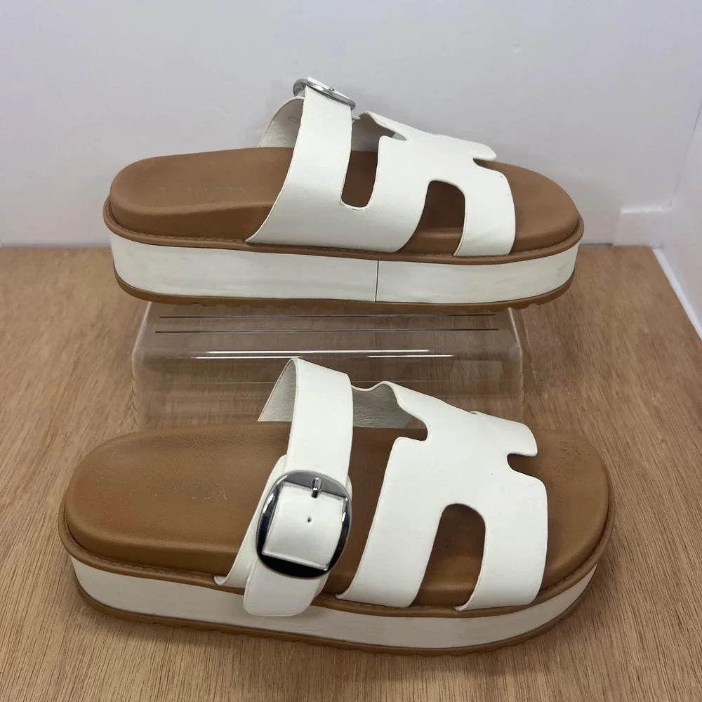 Top Moda Traci-25 Platform Sandals Women Size 7 White Good Buckle H-Strap Chunky